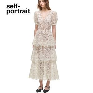 Self Portrait Cream Embellished Tiered Dress